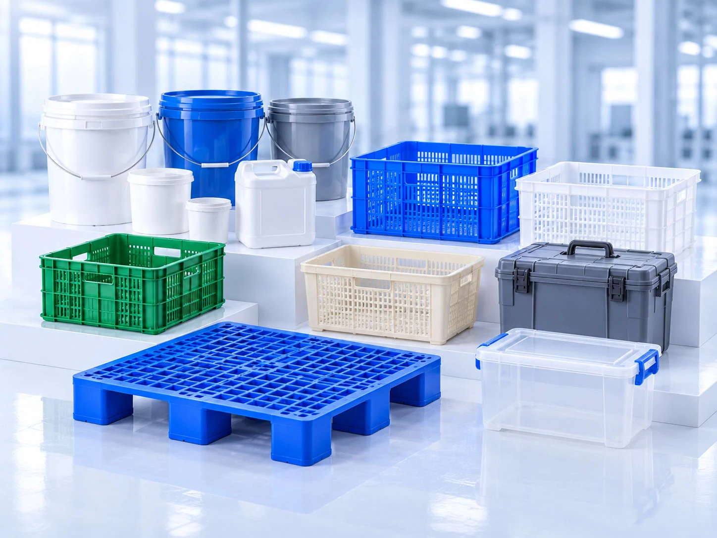 Industrial packaging buckets, baskets, pallets, and storage boxes
