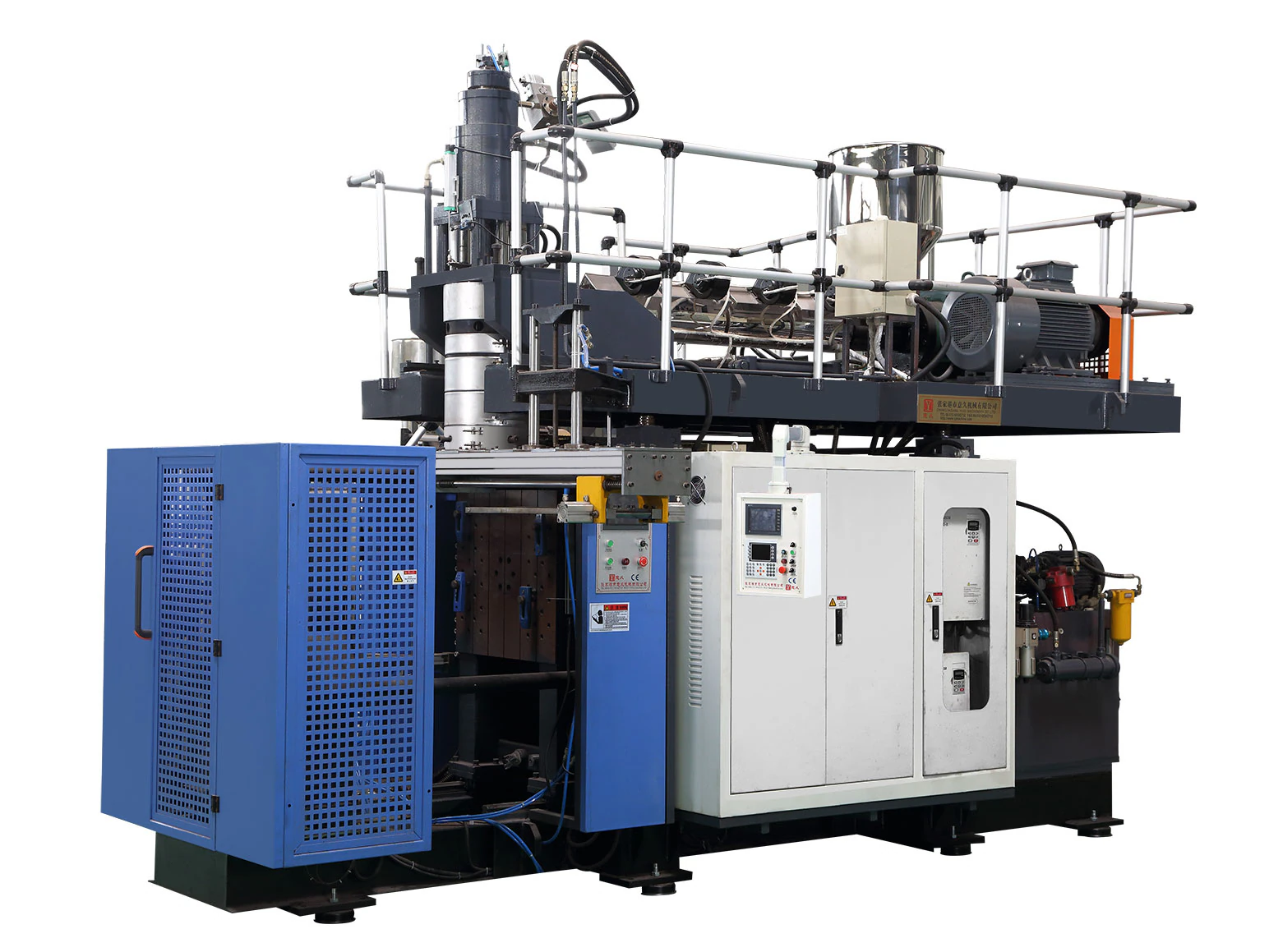 Blow molding machine producing plastic bottles